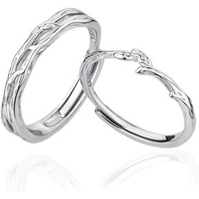 Branch Promise Matching Couple Rings for Him and Her Set Silver Plated Adjustable Love Engagement Finger Ring Statement Eternity Fashion Wedding Christmas Valentines Day Jewelry Gifts
