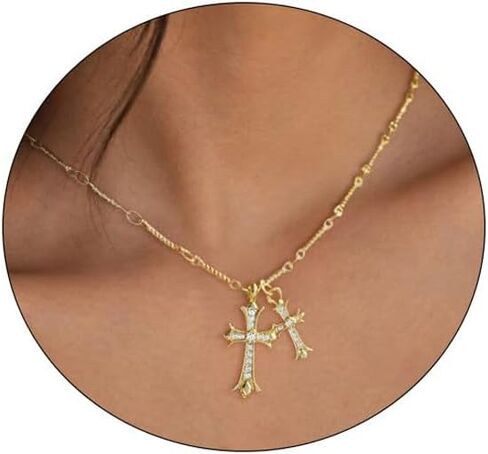 Cross Necklace Silver or 14K Gold Plated Double Cross Pendant Necklace Dainty Trendy Diamond Cross Charm Link Chain Choker Delicate Faith Jewelry Religious Gifts for Women Teen Girls in Saudi Arabia