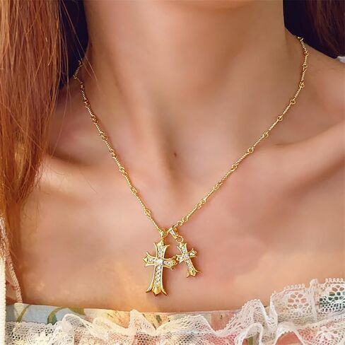 Cross Necklace Silver or 14K Gold Plated Double Cross Pendant Necklace Dainty Trendy Diamond Cross Charm Link Chain Choker Delicate Faith Jewelry Religious Gifts for Women Teen Girls in Saudi Arabia