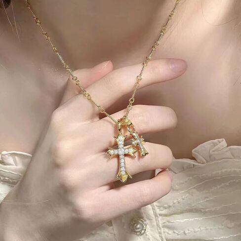Cross Necklace Silver or 14K Gold Plated Double Cross Pendant Necklace Dainty Trendy Diamond Cross Charm Link Chain Choker Delicate Faith Jewelry Religious Gifts for Women Teen Girls in Saudi Arabia