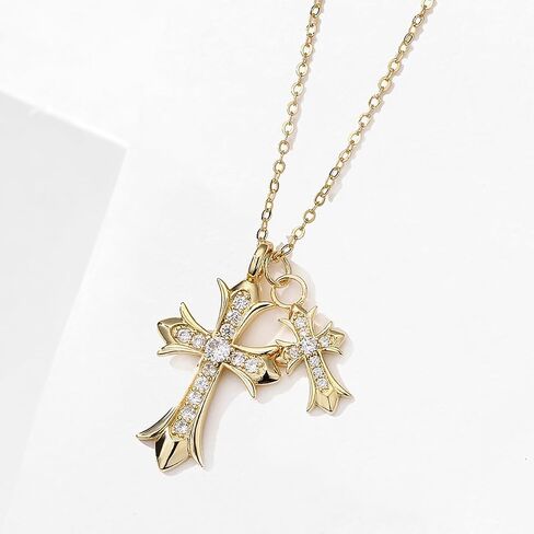 Cross Necklace Silver or 14K Gold Plated Double Cross Pendant Necklace Dainty Trendy Diamond Cross Charm Link Chain Choker Delicate Faith Jewelry Religious Gifts for Women Teen Girls in Saudi Arabia