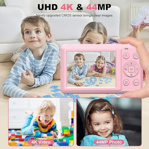 كاميرا رقمية كاميرا تسجيل فيديو بدقة 4K UHD، كاميرا مدمجة بدقة 44 ميجابكسل بتركيز تلقائي مع تقريب رقمي 16X، كاميرا رقمية قابلة لإعادة الشحن مع بطاقة SD سعة 32 جيجابايت، بطاريتان للمراهقين والأطفال باللون الوردي in Saudi Arabia
