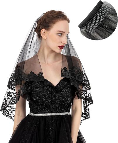 PAMOR Black Lace Veil Creative Mantilla Cathedral Tulle Sheer Wedding Halloween Veil for Bride With Comb in Kuwait