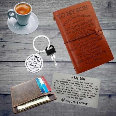 إلى My Son Journal من الأم، بطاقة محفظة الابن، سلسلة مفاتيح الابن، مجلة Son الجلدية 140 صفحة دفتر كتابة قابل لإعادة الملء، مجلة الأم إلى الابن، هدية لعيد ميلاد الابن وعيد الميلاد والتخرج in Kuwait