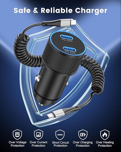 شاحن سيارة USB C مزدوج 40 وات وكابل USB من النوع C ملفوف 6FT لهاتف iPhone 15/Pro Max، Samsung Galaxy S24 S23 S22 S21 Ultra/Plus/Note، Google Pixel 8/7/6، هاتف Android، محول طاقة السيارة للشحن السريع PD in Kuwait
