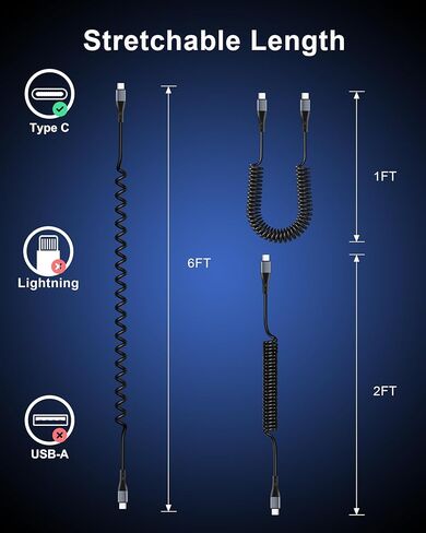 شاحن سيارة USB C مزدوج 40 وات وكابل USB من النوع C ملفوف 6FT لهاتف iPhone 15/Pro Max، Samsung Galaxy S24 S23 S22 S21 Ultra/Plus/Note، Google Pixel 8/7/6، هاتف Android، محول طاقة السيارة للشحن السريع PD in Kuwait