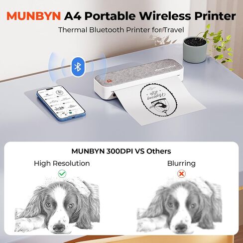 MUNBYN 300DPI Portable Printer Wireless for Travel, Bluetooth Thermal Printer, Support 8.5x11 US Letter&A4 Thermal Paper, Compatible with Android and iOS Phone & Laptop, Inkless Printer for Mobile Use in Saudi Arabia