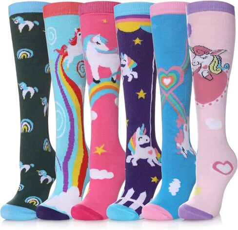 POEATEZO 3-12 Years Girls Knee High Socks Kids Funny Animal Pattern Warm Cotton Long Tall Boot Socks 6 Pairs in Kuwait