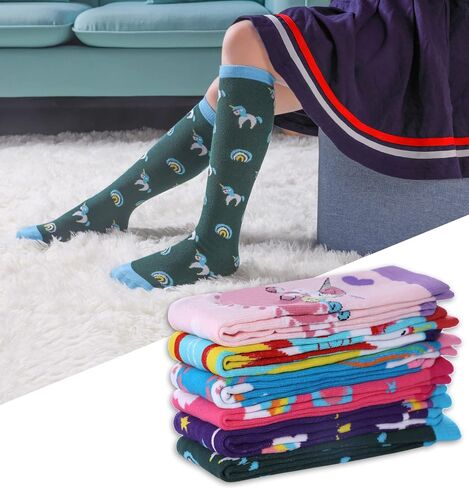 POEATEZO 3-12 Years Girls Knee High Socks Kids Funny Animal Pattern Warm Cotton Long Tall Boot Socks 6 Pairs in Kuwait