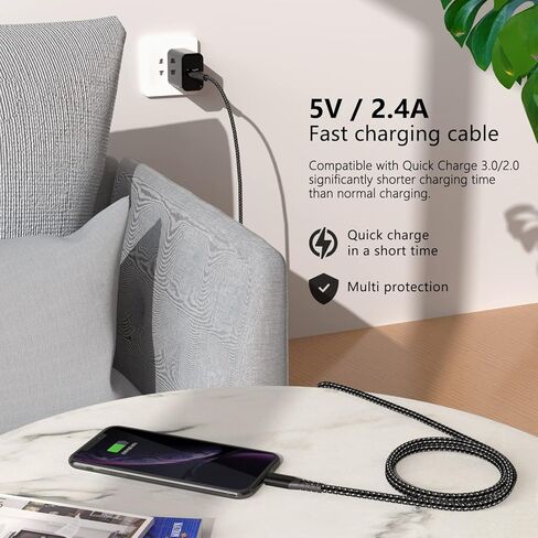 MenoSupp MFi Certified iPhone Charger Lightning Cable 3 Pack 6ft Nylon Braided Cable iPhone Charger Fast Charging Cord Compatible with iPhone 14 13 12 11 Pro Max XR XS X 8 7 6 Plus SE and More in Kuwait