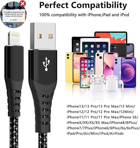 MenoSupp MFi Certified iPhone Charger Lightning Cable 3 Pack 6ft Nylon Braided Cable iPhone Charger Fast Charging Cord Compatible with iPhone 14 13 12 11 Pro Max XR XS X 8 7 6 Plus SE and More in Kuwait