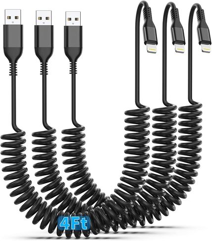 Coiled Lightning Cable 3Pack, Coiled iPhone Charger Cord 4FT for Car[NO CARPLAY] MFi Certified USB to Lightning Cable for iPhone14/13/12/11 Pro Max/XS MAX/XR/XS/X/8/7/Plus/6S iPad/iPod in Kuwait