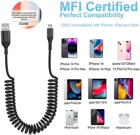 Coiled Lightning Cable 3Pack, Coiled iPhone Charger Cord 4FT for Car[NO CARPLAY] MFi Certified USB to Lightning Cable for iPhone14/13/12/11 Pro Max/XS MAX/XR/XS/X/8/7/Plus/6S iPad/iPod in Kuwait