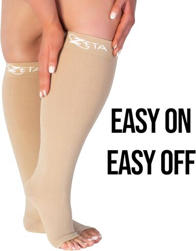 Plus Size Open Toe Leg Sleeve Support Socks - Wide Calf Compression Open Toe Socks Men and Women Amazing Fit, Travel, Flight Socks, Compression & Soothing Relief, 1 Pair, Size 4XL, Nude in Saudi Arabia