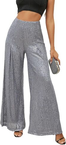 Women Sparkle Sequin Long Loose Pants Bling High Waist Wide Leg Streetwear Party Clubwear Long Pants in Saudi Arabia