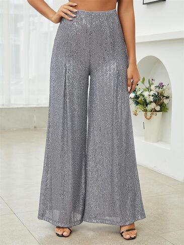 Women Sparkle Sequin Long Loose Pants Bling High Waist Wide Leg Streetwear Party Clubwear Long Pants in Saudi Arabia