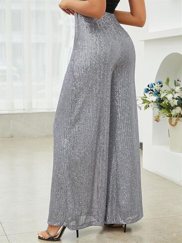 Women Sparkle Sequin Long Loose Pants Bling High Waist Wide Leg Streetwear Party Clubwear Long Pants in Saudi Arabia