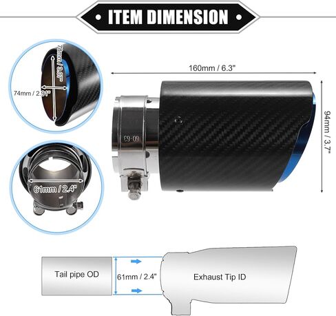 Car Exhaust Tip Tail Pipe, 2.4 Inch Inlet 3.7 Inch Outlet 6.3 Inch Length Universal for Exhaust Rear Muffler Tip Anti-Corrosion Stainless Steel Flame Blue Black in Saudi Arabia