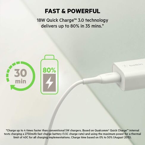 Belkin Quick Charge Charger (Qualcomm Quick Charge 3.0 Charger, USB Charger for Quick Charge Devices, Note9, S9, S8, S7, S6, More) USB Wall Charger, White, WCA001dqWH in Saudi Arabia