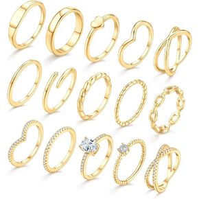 15 Pieces Dainty Gold Rings, 14K Gold Plated Rings for Women Non Tarnish, Open Chunky Twist Simulated Diamond Designs Perfect for Stacking Layering on Thumb and Knuckle, Ring Size 6/7/8/9/10