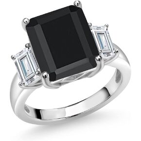 Gem Stone King 925 Sterling Silver Black Onyx and White Moissanite 3 Stone Women Ring (6.91 Cttw, Gemstone Birthstone, Available In Size 5, 6, 7, 8, 9)
