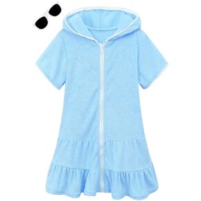 LUCKYGAL Girls Swim Cover Up Kids Swimsuit Coverup Terry Zip-Up Beach Bathing Suit Robe with Sunglasses