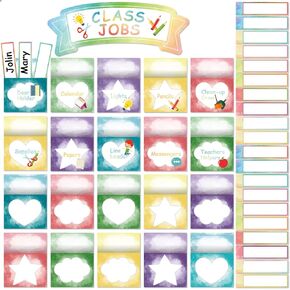 81PCS Class Jobs Chart Bulletin Board Watercolor Classroom Job Chart Set with Name Tags for Bulletin Boards Class Jobs Pocket Chart Set Teacher's Helper Decor Classroom Decoration for School Classroom