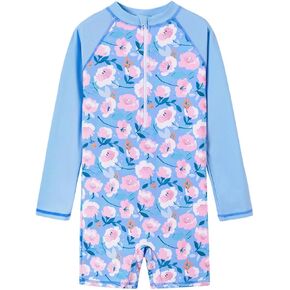 LIBREDGE Girls Long Sleeve Rash Guard One Piece Swimsuits with Cap UV Protection