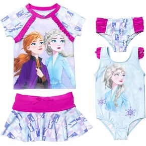 Disney Minnie Mouse Girls One Piece Bathing Suit Bikini Rash Guard Modest Swimsuit Skirt & Bottom 5 Set Toddler to Big Kid