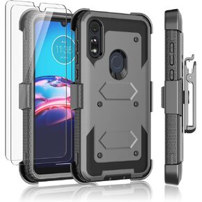 Njjex for Moto E Case, for Motorola Moto E 2020 Case with Tempered Glass Screen Protector [2 Pack], [Nbeck] Shockproof Heavy Duty Locking Swivel Holster Belt Clip Kickstand Rugged Hard Cover [Black]
