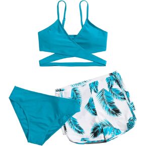 OYOANGLE Girl's 3 Piece Tropical Print Criss Cross Bikini Set Swimsuit Bathing Suit with Shorts