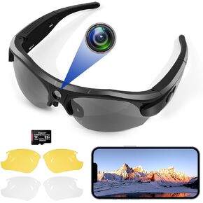 4K HD Sport Camera with WiFi, Camera Sunglasses with UV400 Protection Polarized Lenses+Clear/Yellow Lens for Outdoor Sports Supports iOS&Android (64GB TF card included)