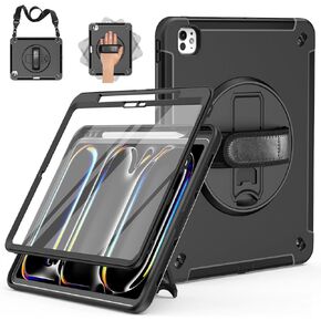 Miesherk Case for iPad Pro 13 Inch, Military Grade Heavy Duty Shockproof iPad 13 M4 Case (2024, 7th Generation) - Screen Protector, Rotating Stand, Pencil Holder, Hand/Shoulder Strap, Black
