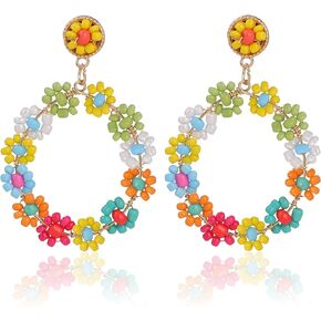 Flower Boho Beaded Round Shape Earrings Plated Gold with Colorful Varieties of Earrings for Women Dangled Bohemian Jewelry