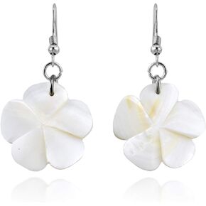 Tropical Plumeria Flower White Kabibe Shell Dangle Earrings