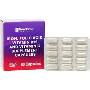 Iron Ferrous Bisglycinate with Vitamins B12 Cyanocobalamin, Folic Acid, Vitamin C, Red Cells Formation, Blood & Immunity Health 60 Capsules