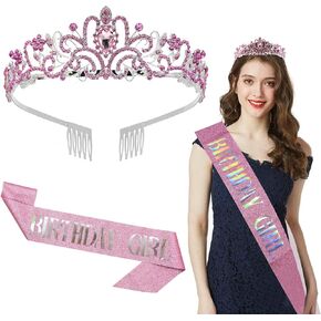Birthday Crown Tiara Sash Set for Girls Women - Metal Crown with Pink Rhinestones & Pink Glitter Birthday Girl Sash Birthday Gifts for Women Kids, Sweet Happy Birthday Accessories
