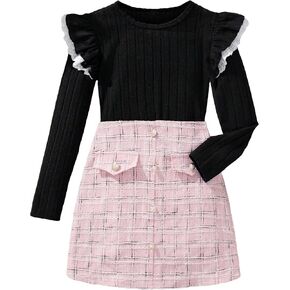 Floerns Girls 2 Piece Outfit Ruffle Trim Long Sleeve T Shirt and Short Skirt Set in Kuwait