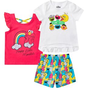 Sesame Street Elmo or Cookie Monster Girls’ T-shirt, Tank Top and Short Set for Infant and Toddler