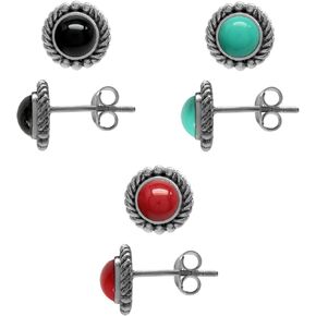 Silvershake 3 Pair Set Created Black Onyx Green Turquoise and Red Coral 925 Sterling Silver Rope Stud Earrings