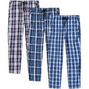 MoFiz Mens Pajama Bottoms Cotton 3 Pack Lounge Pants Set with Pockets Drawstring Plaid Pjs Bottoms Sleepwear with Button Fly