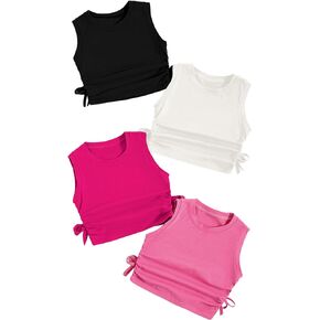Milumia Girl's 4 Pack Ruched Knot Side Solid Round Neck Sleeveless Crop Tank Tops