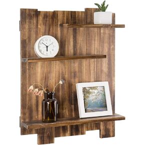 MyGift Wall-Mounted Burnt Wood Pallet-Style Staggered 3-Tier Display Shelf