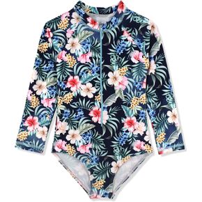 HOOBABE Kids Girls Rash Guard Long Sleeve One Piece Swimsuits Zipper Bathing Suits UPF 50+ Tropical Plant Flowers Ages 3-12