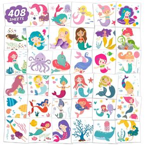 408 Mermaid Temporary Tattoos for Kids Individual Wrapped, Mermaid Fake Tattoo Stickers for Girls, Mermaid Birthday Decorations Party Favors Supplies Gifts Games