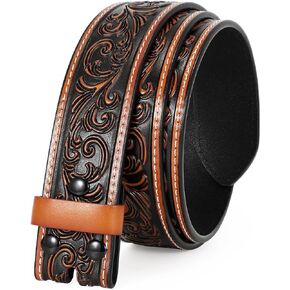 TRIWORKS Western Belt Strap for Men without Buckle 1.5" Wide Floral Engraved Embossed Leather Belt Strap,L-Brown