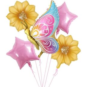 5 PCS Butterfly Foil Balloons Suit With Sunflower Pentagram Foil Balloons Girl Birthday Party Butterfly Party Spring Theme Decoration