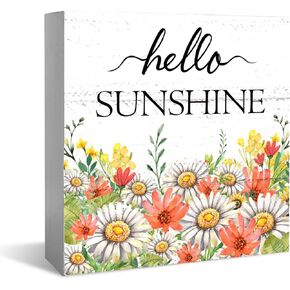 Farmhouse Hello Sunshine flowers Wooden Box Sign, Spring Home decor, Living Room Bedroom Shelf Farmhouse Desk Decorations 5 x 5 Inches