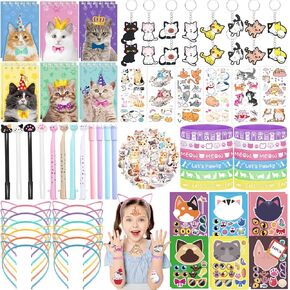 134Pcs Cat Party Favors Set for Kids Cat Themed Birthday Party Supplies With Cat Headband Spiral Notepads Pens Keychains Tattoo Cat DIY Face Stickers Silicone Bracelets Cat Favors for Girls Kids Party