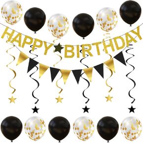 Happy Birthday Banner, Birthday Decorations with Gold Birthday Banner, Garland, Balloons and Hanging Swirls for Birthday Party Decorations